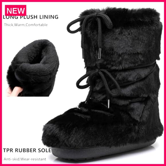 Faux Fur Lined Snow Boots, Non-Slip Lace-Up Mid-Calf Ski Boots for Women - Picture 6 of 8